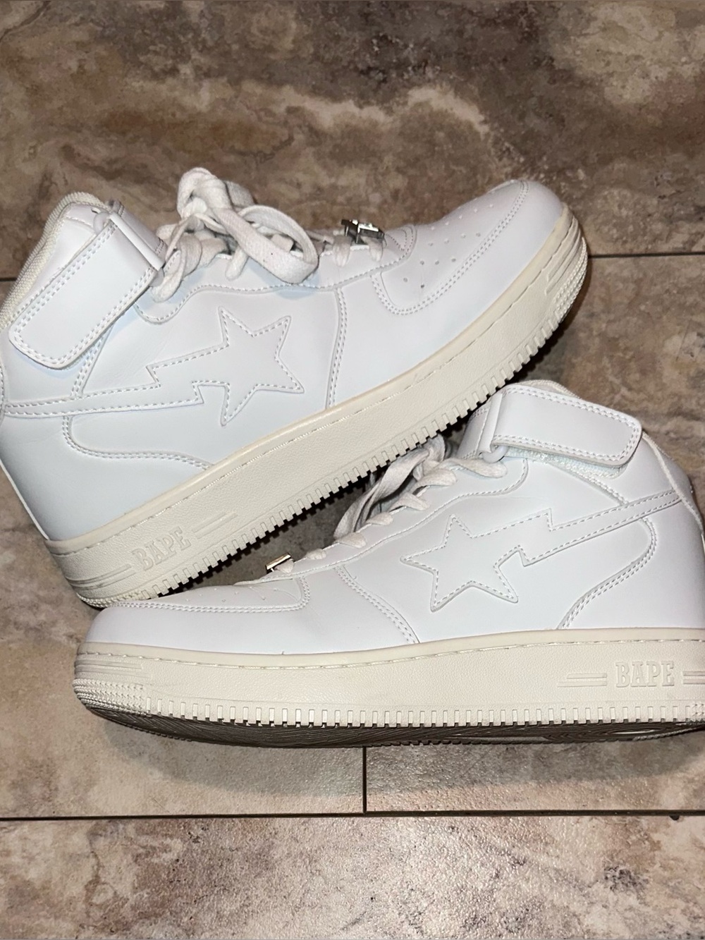 A Bathing Ape BAPE STA Mid White Leather Strap Sneakers Shoes Size 10.5